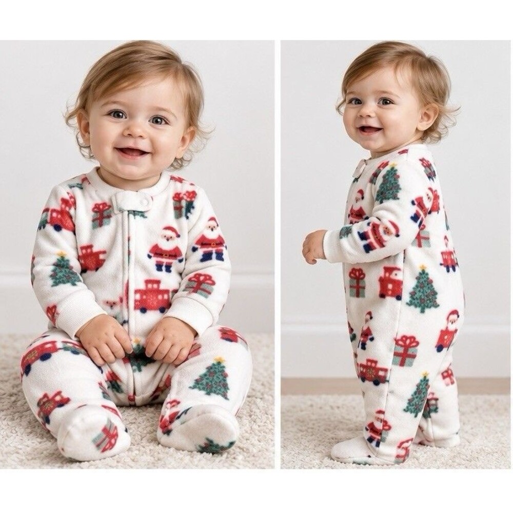 Carter’s Baby Christmas Fleece Footed Pajamas 6M Santa Train Trees NWT